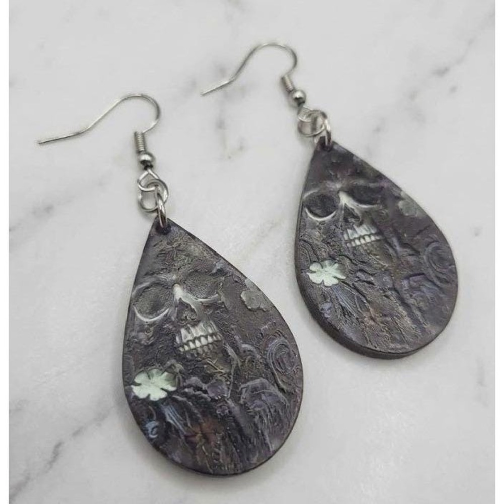 Handmade Earrings Goth Skull Teardrop Abstract Art Dangle Earrings